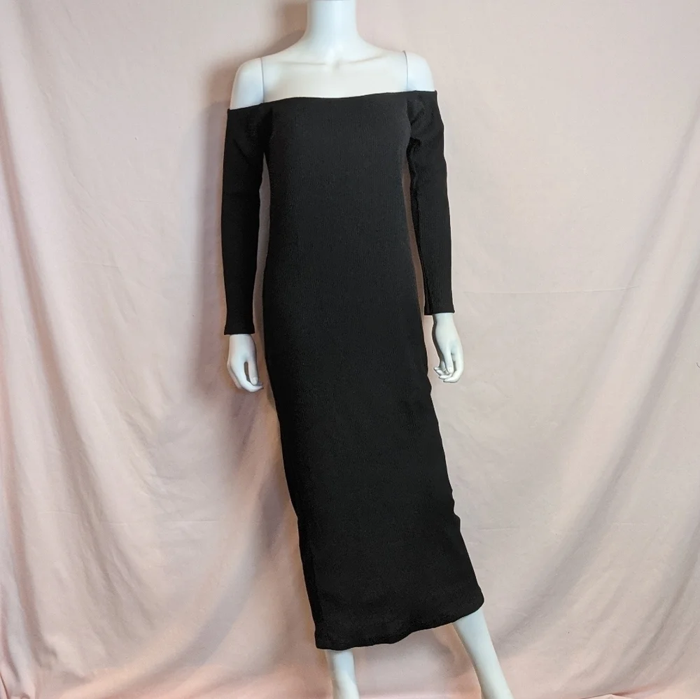 Boohoo Black Ribbed Off Shoulder Midi Dress size 14